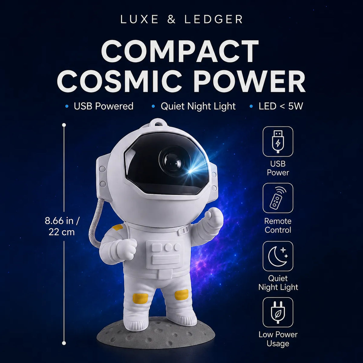 A white astronaut-shaped LED night light standing on a gray moon-like base against a dark blue space background. Large text reads 'LUXE & LEDGER' and 'COMPACT COSMIC POWER,' with feature icons for USB power, remote control, quiet night light, and low power usage.