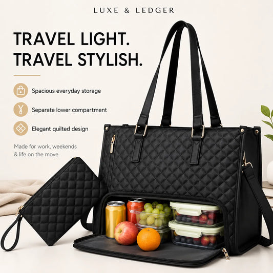 Black quilted tote bag with an open lower compartment showing food containers and fruit, alongside a matching zip pouch, on a light beige background with promotional text and the Luxe & Ledger brand name.
