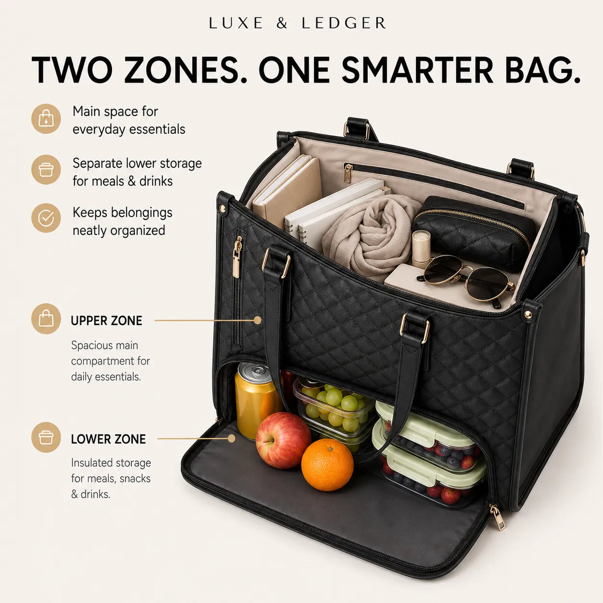 A black quilted tote bag with gold-tone hardware, shown open to reveal two storage zones. The main upper compartment contains folded clothing and accessories, while the lower compartment holds food containers, a drink, and fruit.