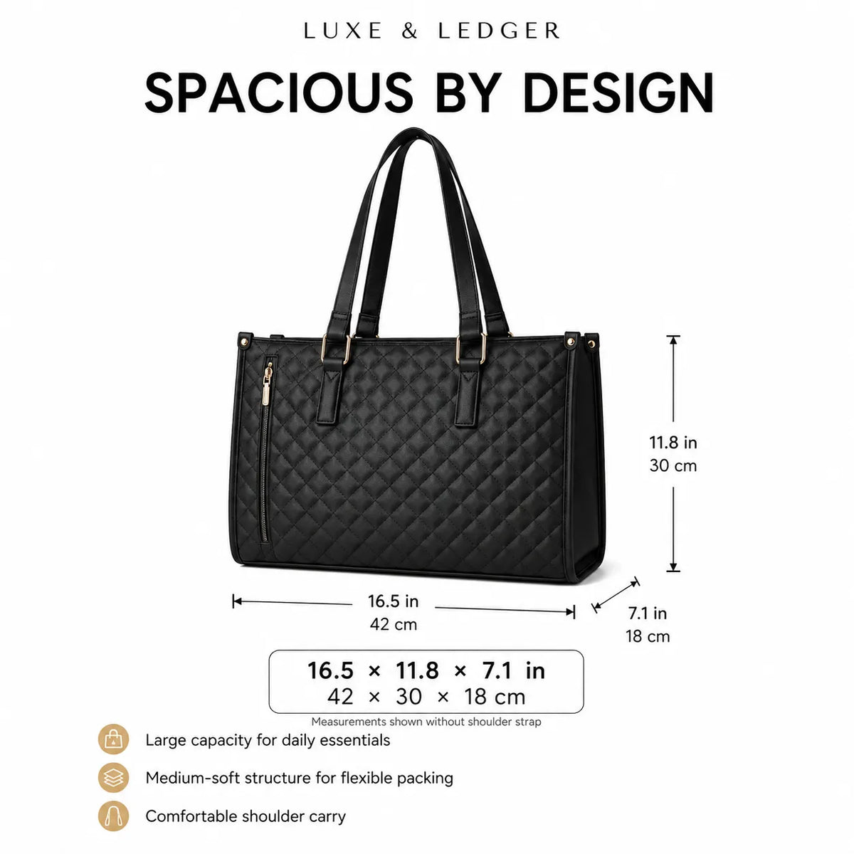 Black quilted tote bag with dimension measurements shown on a white background, with text reading 'LUXE & LEDGER' and 'SPACIOUS BY DESIGN'.