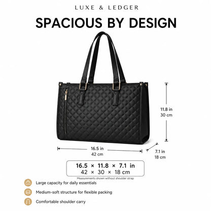 Black quilted tote bag with dimension measurements shown on a white background, with text reading 'LUXE & LEDGER' and 'SPACIOUS BY DESIGN'.