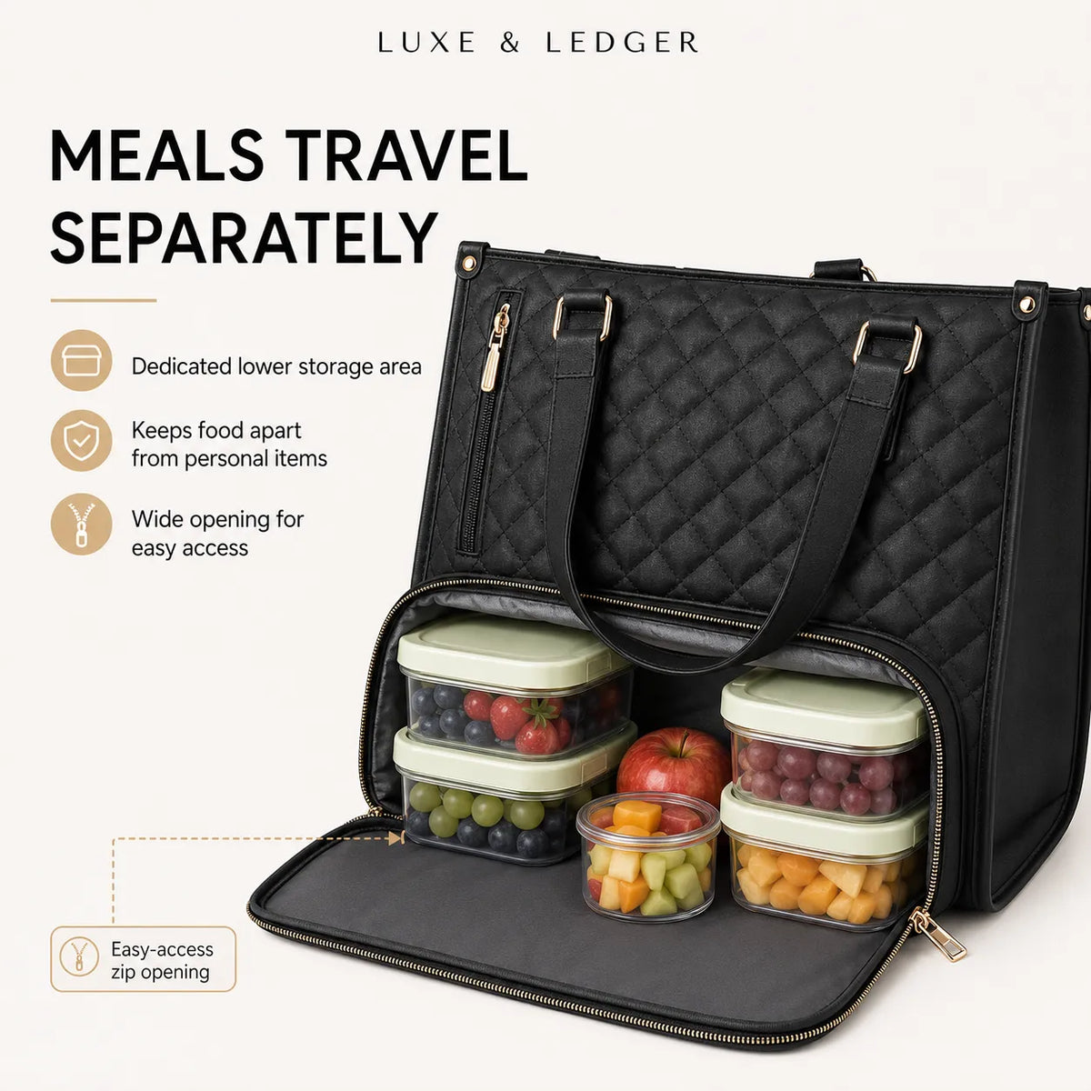 Black quilted tote-style travel bag with multiple clear food storage containers inside, shown open on a light beige background with marketing text and icons about separate meal storage.