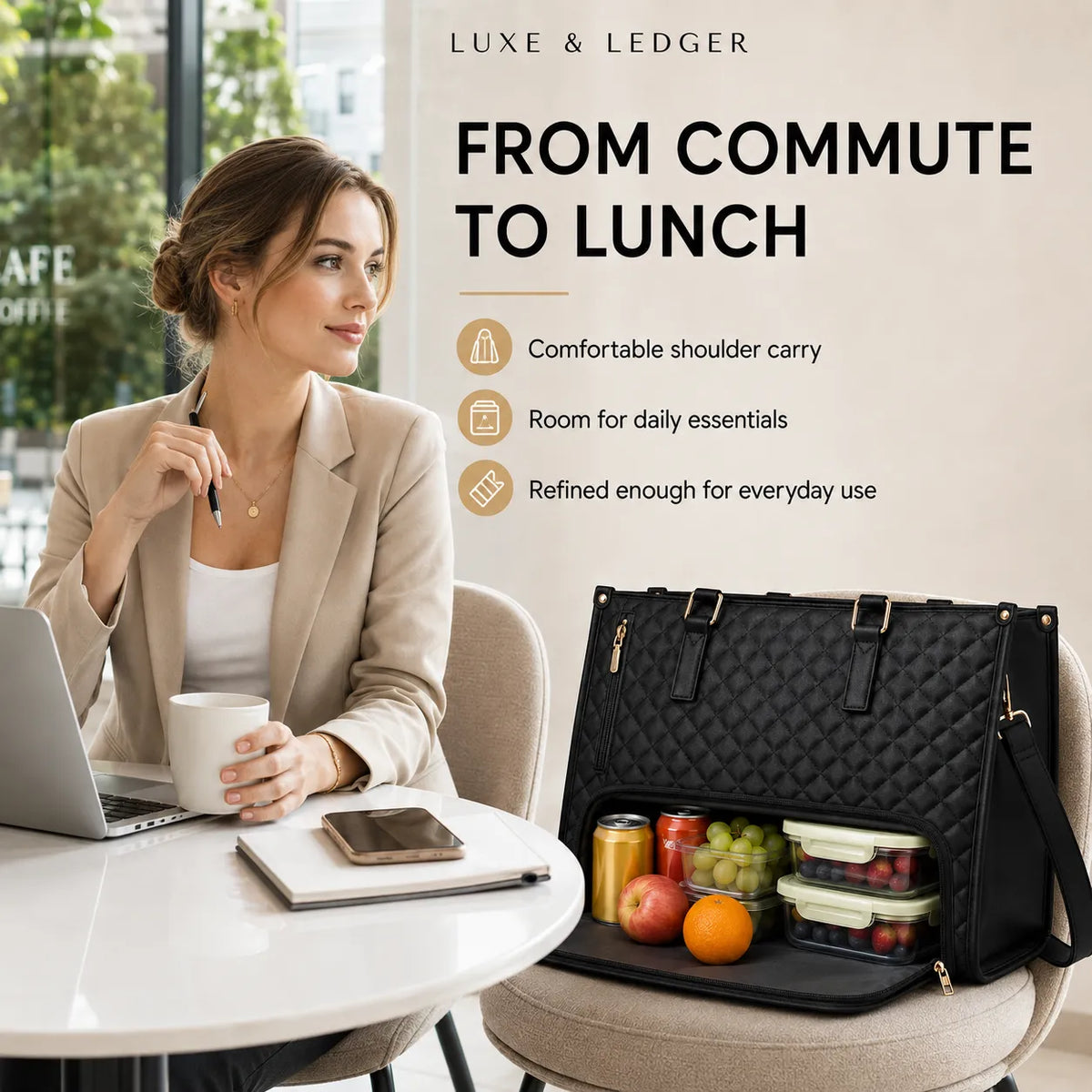 A black quilted tote bag with gold-tone hardware is shown open on a chair in a cafe setting, filled with food and accessories. A woman sits at a table nearby with a laptop and coffee mug.