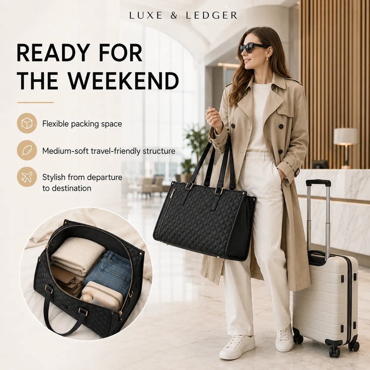 A woman in a beige trench coat and white outfit carries a large black quilted tote-style travel bag with handles in a bright indoor lobby. Text on the left reads 'READY FOR THE WEEKEND' with feature callouts, and a circular inset shows the bag packed with folded clothes.