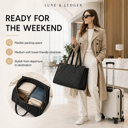 A woman in a beige trench coat and white outfit carries a large black quilted tote-style travel bag with handles in a bright indoor lobby. Text on the left reads 'READY FOR THE WEEKEND' with feature callouts, and a circular inset shows the bag packed with folded clothes.