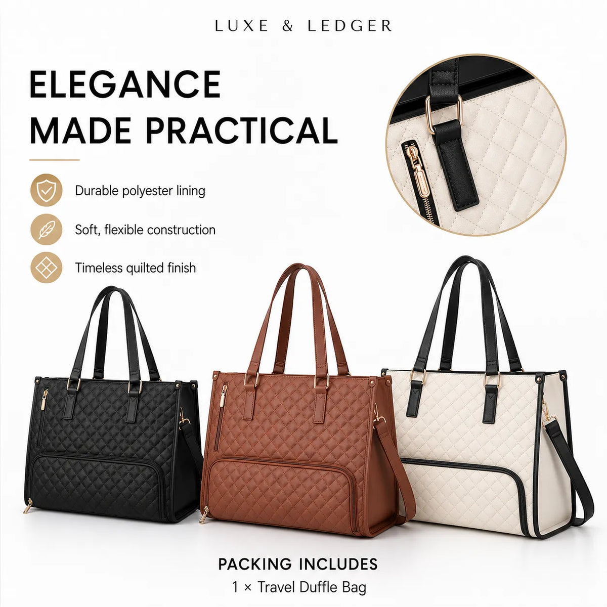 Three quilted tote bags are shown on a white background with promotional text and a circular detail inset. The bags are in black, brown, and cream, with text reading 'LUXE & LEDGER' and 'ELEGANCE MADE PRACTICAL.