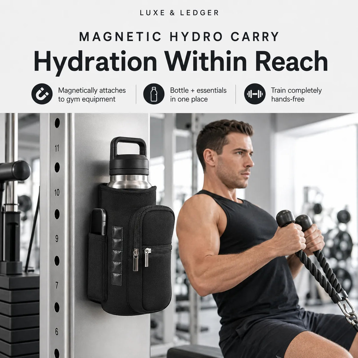 A man in a gym uses a magnetic hydro carry hydration pouch while wearing a black tank top and shorts. The black pouch is mounted on a weight rack, holding a silver water bottle and a phone.