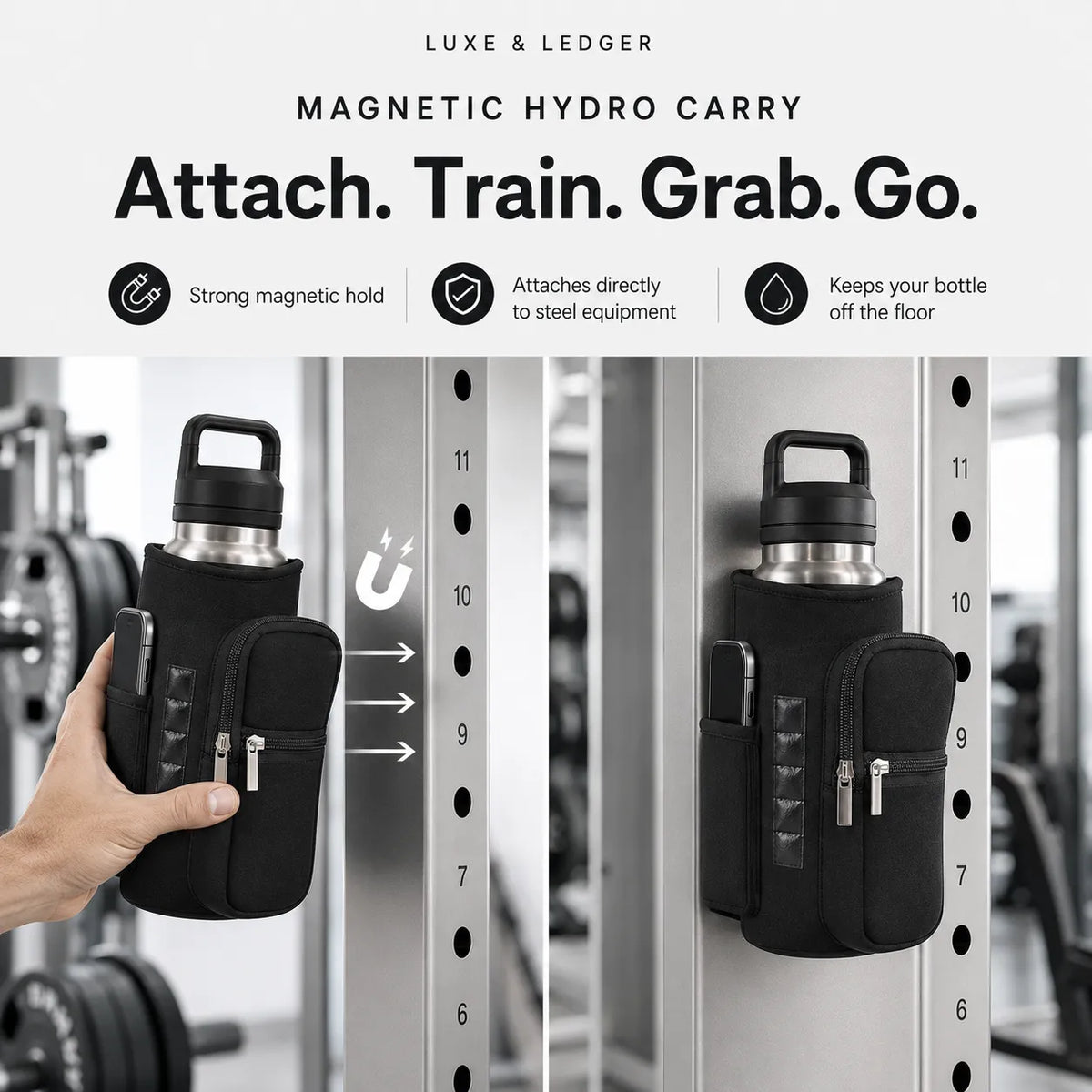 Black magnetic hydro carry bottle sleeve shown on a stainless steel gym rack, with a hand holding one bottle in the sleeve and another bottle magnetically attached. Text at the top reads 'LUXE & LEDGER' and 'MAGNETIC HYDRO CARRY Attach.
