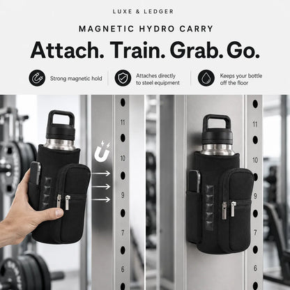 Black magnetic hydro carry bottle sleeve shown on a stainless steel gym rack, with a hand holding one bottle in the sleeve and another bottle magnetically attached. Text at the top reads 'LUXE & LEDGER' and 'MAGNETIC HYDRO CARRY Attach.