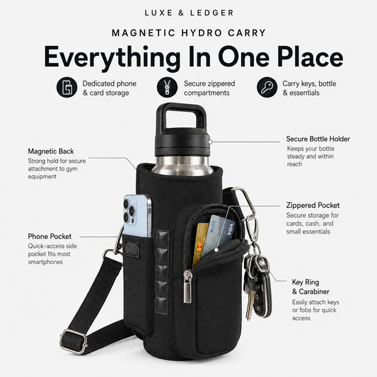 Black magnetic hydro carry bottle bag with multiple compartments, shown with labeled callouts for phone & card storage, secure zippered compartments, carry keys, bottle holder, phone pocket, zippered pocket, and key ring on a light gray background.