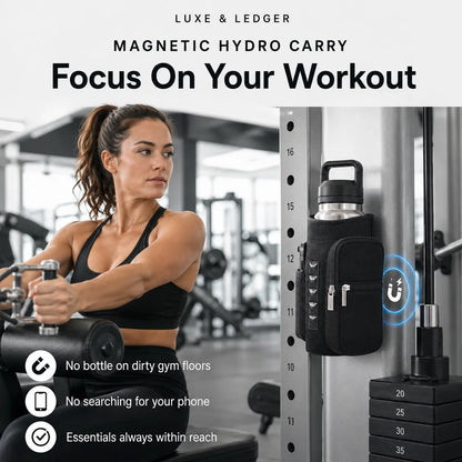 A woman in a gym using a workout machine while wearing a black magnetic hydro carry bag on her water bottle. The right side shows the black magnetic pouch attached to a gym machine next to a water bottle, with text reading 'LUXE & LEDGER MAGNETIC HYDRO CARRY Focus On Your Workout' and feature icons.