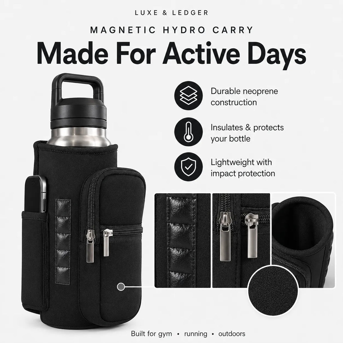 Black magnetic hydro carry bottle sleeve shown with a stainless steel water bottle, plus three detail inset images and marketing text on a light gray background.