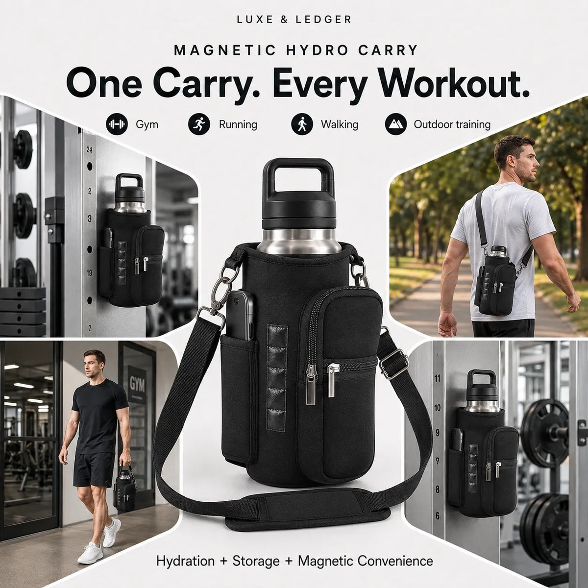 Black magnetic hydro carry bottle bag shown with a stainless steel water bottle, plus inset lifestyle photos of a man using it in a gym and walking outdoors. Text reads 'LUXE & LEDGER' and 'One Carry.