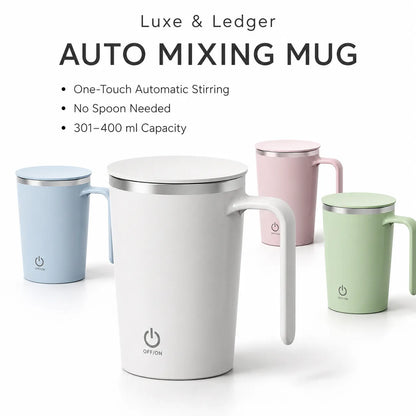 Four auto mixing mugs in pastel blue, white, pink, and mint green are displayed on a clean white background with promotional text at the top. The central white mug is in front and features a metallic silver rim, a white handle, a power icon, and the brand name 'OFFION'.