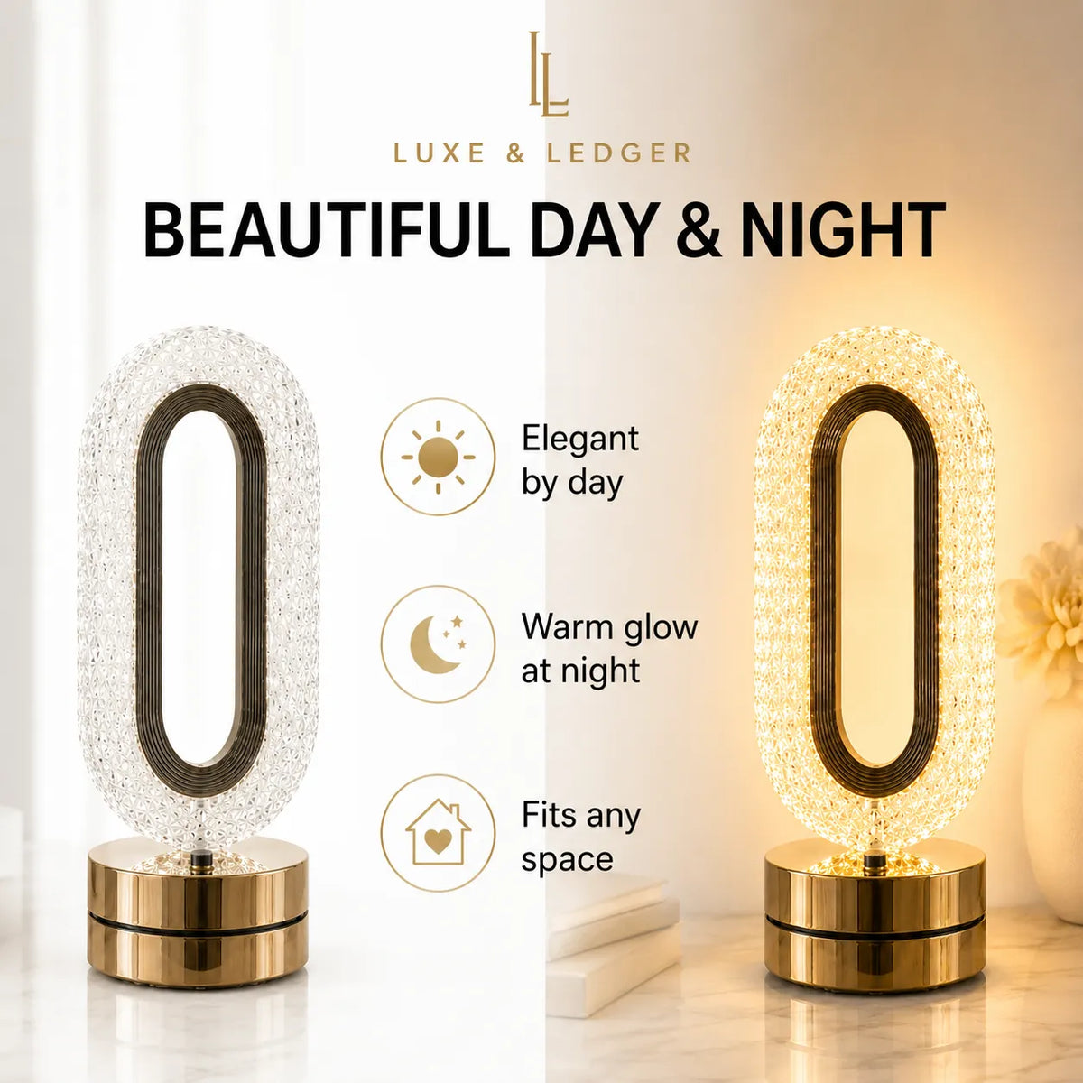 Luxe & Ledger oval table lamp shown in a split daytime and nighttime presentation. The lamp features a clear faceted crystal-like oval body with a dark metallic center and a polished gold base.