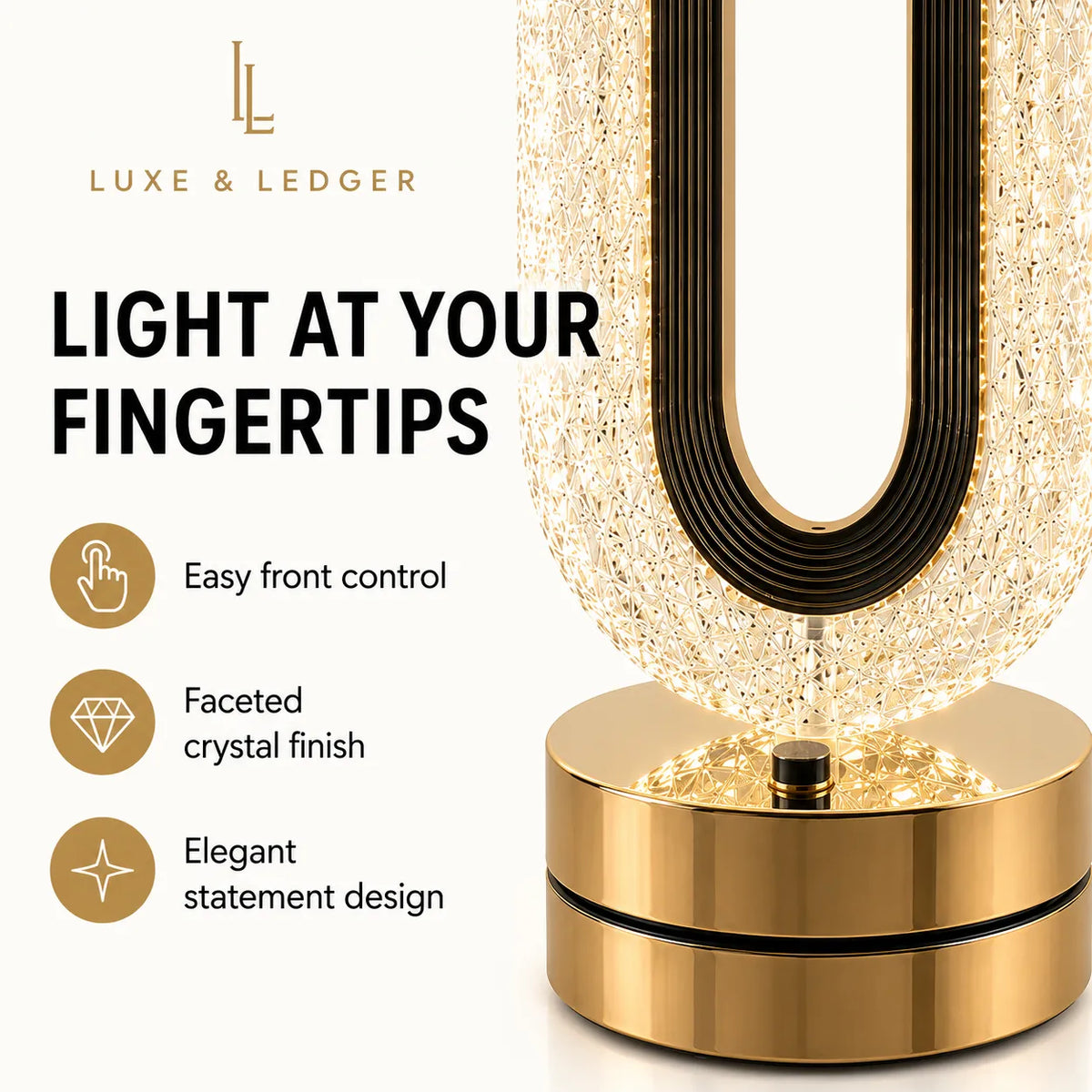 A luxury U-shaped table lamp by Luxe & Ledger with a gold-finished base and a faceted crystal prisms shade, shown on a clean off-white background with promotional text highlighting touch control, crystal finish, and elegant design.