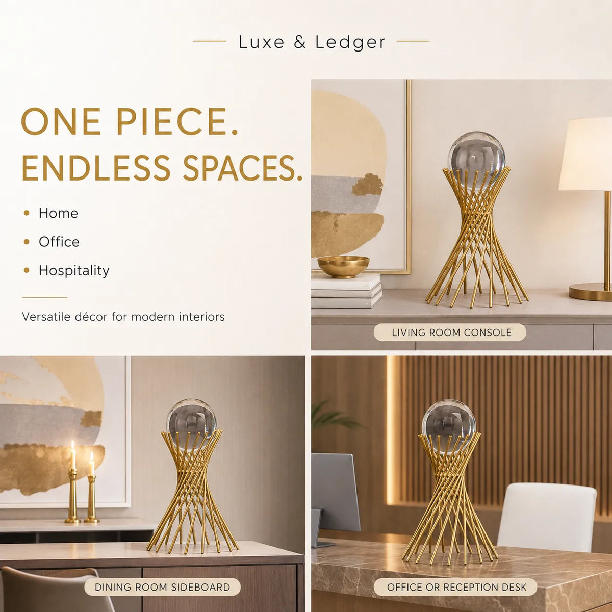 A four-panel promotional collage for a modern table lamp. The lamp has a sculptural, cone-like gold metal frame holding a clear glass globe shade.