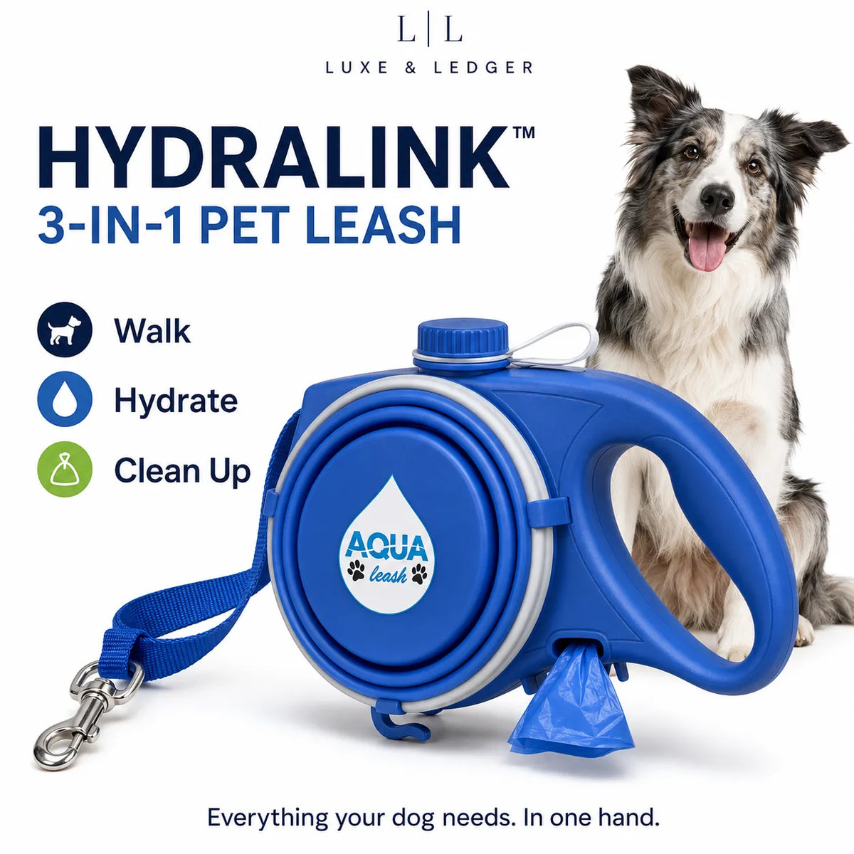Blue Luxe & Ledger Hydralink 3-in-1 pet leash with a dog on a white background, featuring text callouts for Walk, Hydrate, and Clean Up.