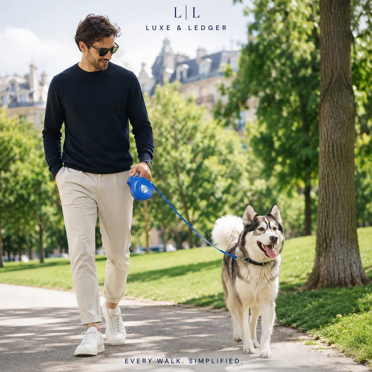 A man wearing a navy long-sleeve shirt, beige trousers, and white sneakers walks a husky on a blue retractable leash in a sunny park. The brand name 'LUXE & LEDGER' is displayed at the top, and 'EVERY WALK.