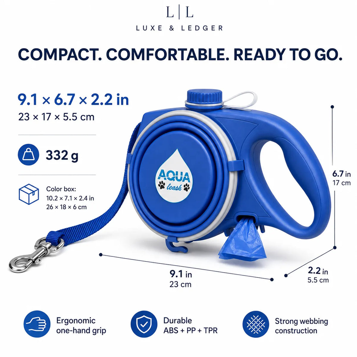 Blue Aqua Leak retractable dog leash with dimensions, weight, and feature callouts on a white background.