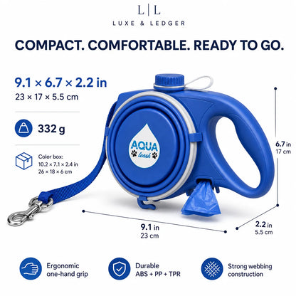 Blue Aqua Leak retractable dog leash with dimensions, weight, and feature callouts on a white background.