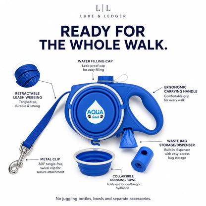 Blue retractable dog leash with integrated water bottle and waste bag dispenser, shown on a white background with callout labels and the text 'READY FOR THE WHOLE WALK.' and 'LUXE & LEDGER'.