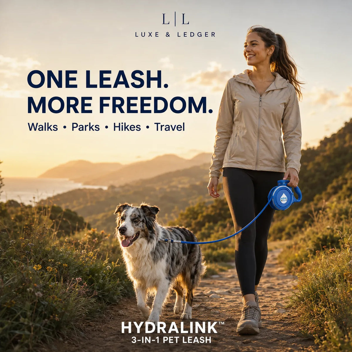 A woman walks a dog on a trail at sunset using a blue retractable pet leash. The scene includes large text reading 'ONE LEASH.