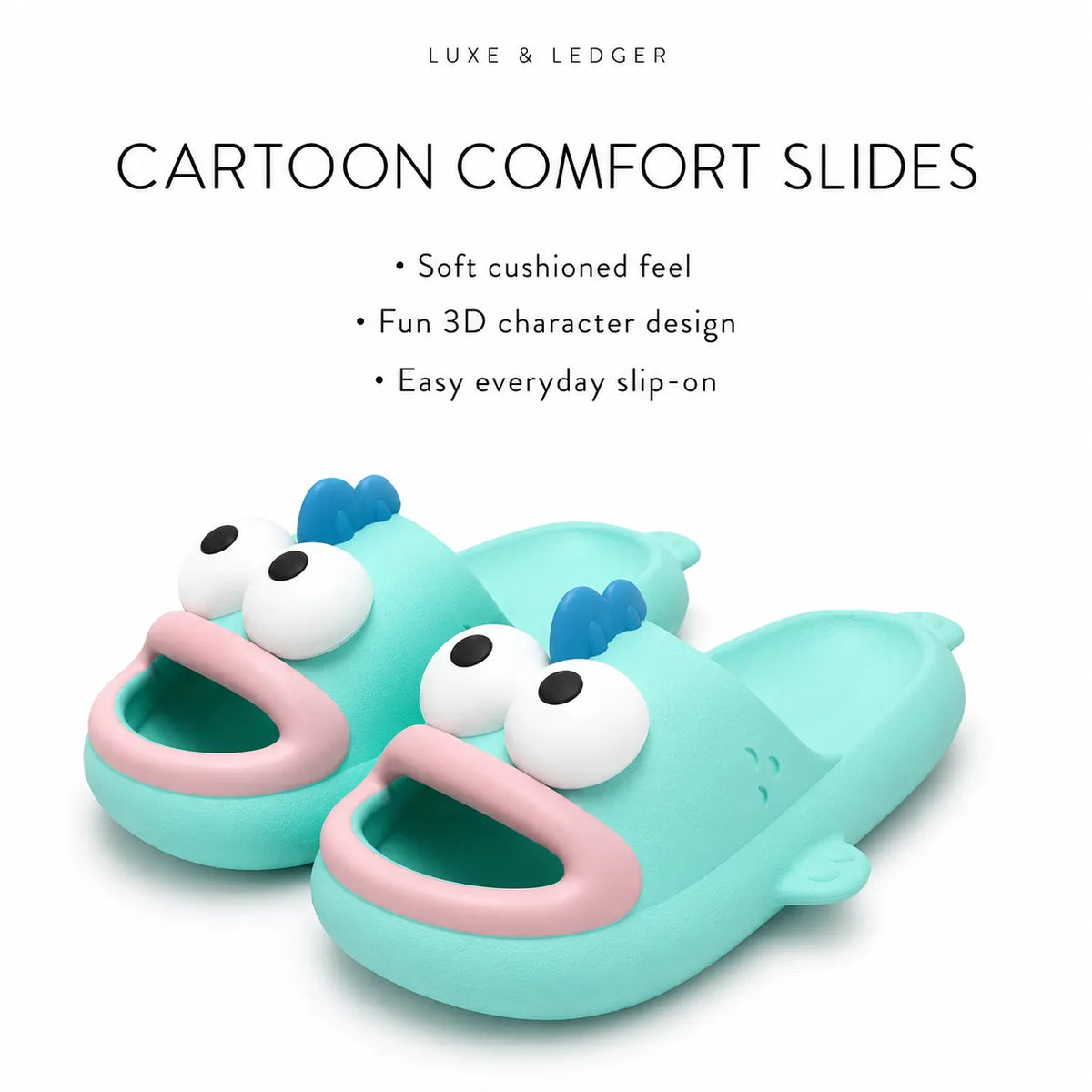A pair of turquoise cartoon fish comfort slides with pink mouths and white eyes, shown on a white background with promotional text reading 'CARTOON COMFORT SLIDES' and 'LUXE & LEDGER'.