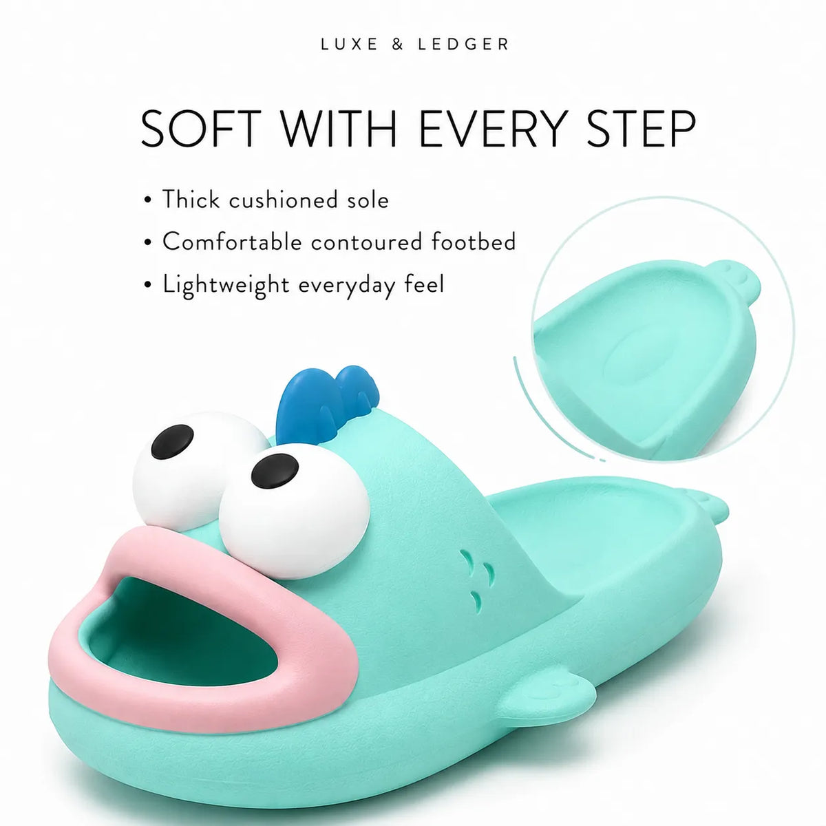 A turquoise fish-shaped slipper with a pink mouth and white cartoon eyes, shown on a white background with marketing text and a circular inset detail of the footbed.