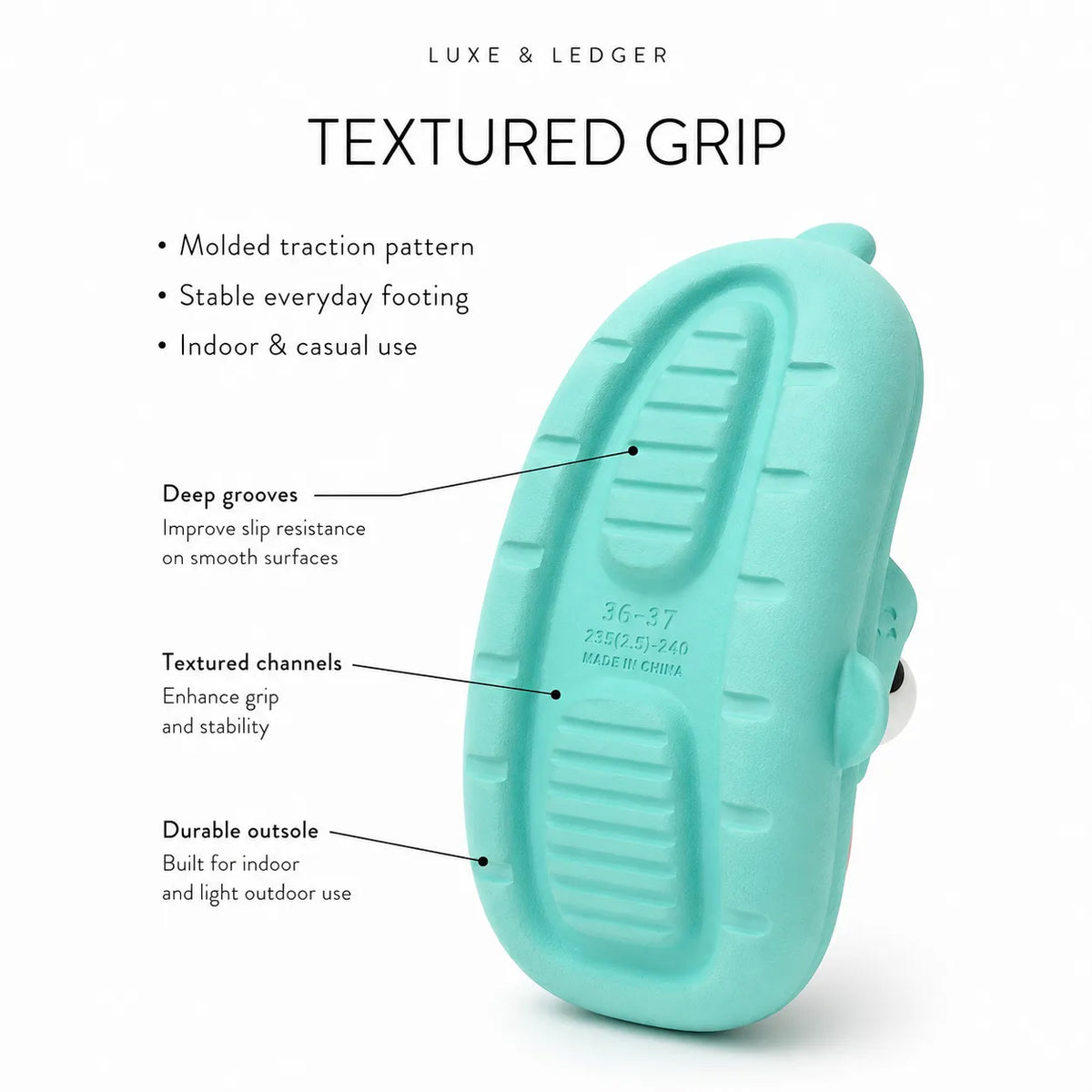 A turquoise textured non-slip shoe pad shown on a white background with descriptive callout text and bullet points about its grip pattern, deep grooves, textured channels, and durable outsole.