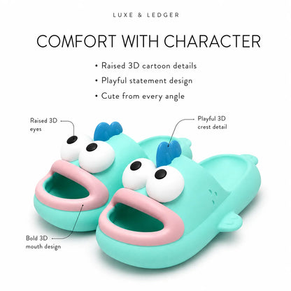 A pair of turquoise and pink cartoon-style children's slide sandals with large raised eyes and blue crest details, shown on a white background with marketing text and callout labels.