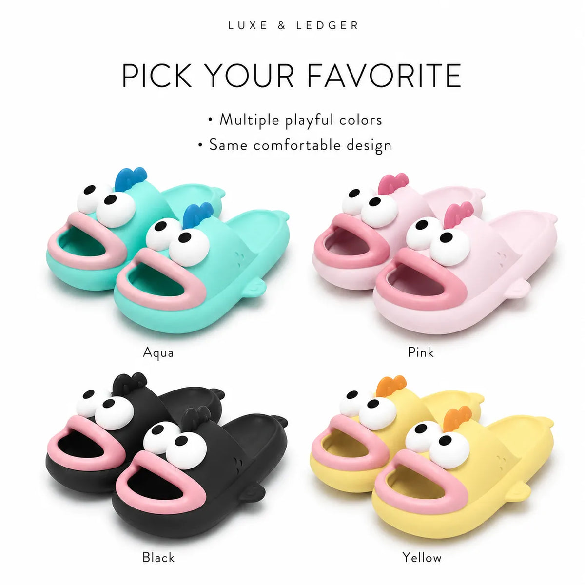 A product selection graphic showing four pairs of cartoon fish-shaped children's slippers on a white background, labeled Aqua, Pink, Black, and Yellow, with text reading 'PICK YOUR FAVORITE' and 'Multiple playful colors' and 'Same comfortable design.'.