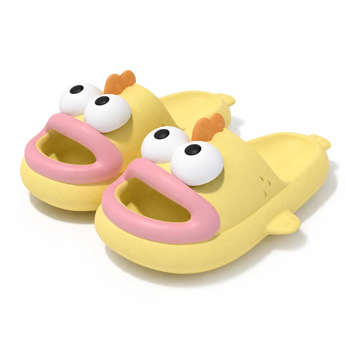 A pair of yellow children's slide sandals with a cartoon duck-face design, featuring large white eyes with black pupils, pink beaks, and orange beaks, shown on a white background.