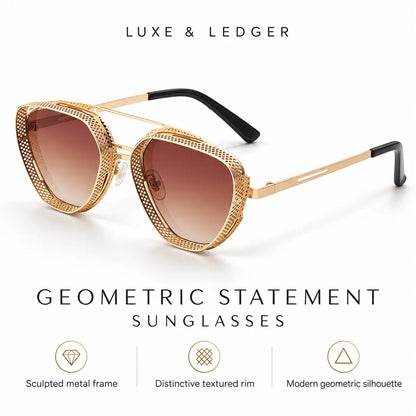 Geometric statement sunglasses with a sculpted gold-tone metal frame, textured rims, gradient brown lenses, and black temple tips. The image includes the brand name 'LUXE & LEDGER' at the top and feature icons/text at the bottom on a clean white background.
