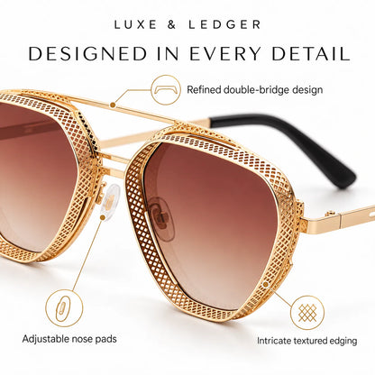 Gold-framed oversized sunglasses with textured mesh detailing around the lenses and gradient brown lenses, shown with callout lines and text highlighting design features on a white background.