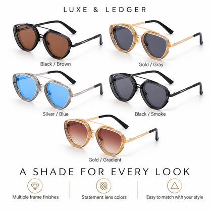 A catalog-style collage showing five pairs of aviator-style sunglasses with rhinestone trim and labeled color options: Black/Brown, Gold/Gray, Silver/Blue, Black/Smoke, and Gold/Gradient. Text at the top reads 'LUXE & LEDGER' and the bottom reads 'A SHADE FOR EVERY LOOK' with feature icons.