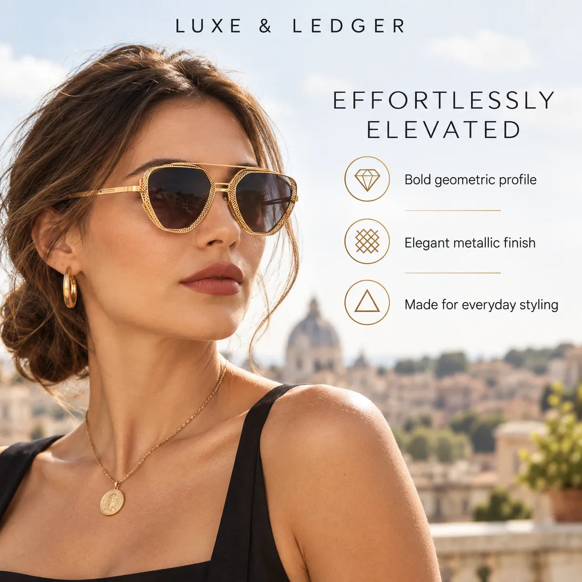A woman wearing gold-tone geometric aviator sunglasses with dark lenses, shown outdoors with a blurred cityscape background. Text on the right reads 'LUXE & LEDGER' and 'EFFORTLESSLY ELEVATED' with feature callouts.