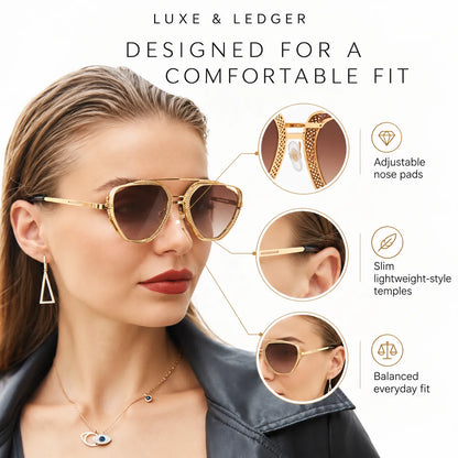 A woman wearing gold-tone aviator-style sunglasses with brown tinted lenses, shown on a white background with feature callouts and circular inset close-ups highlighting adjustable nose pads, slim lightweight temples, and balanced fit. Text at the top reads 'LUXE & LEDGER' and 'DESIGNED FOR A COMFORTABLE FIT'.