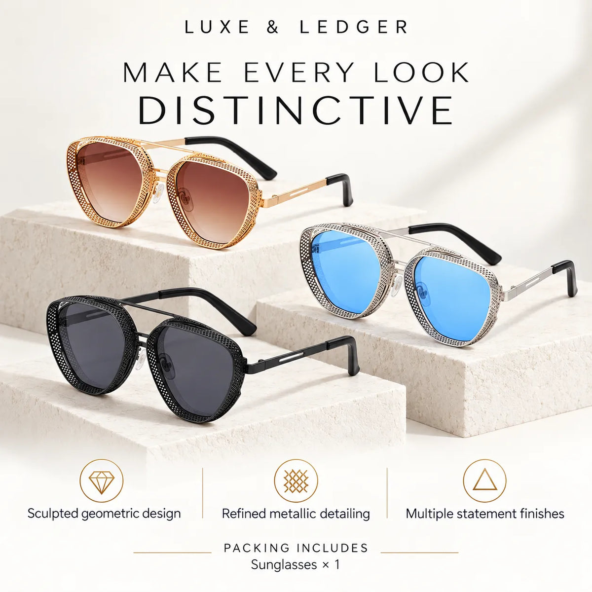 Three pairs of Luxe & Ledger sunglasses displayed on white geometric pedestals against a light beige background, with promotional text and feature icons below.