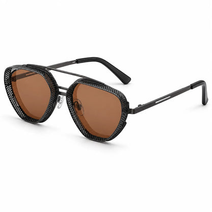 Black geometric aviator-style sunglasses with textured rhinestone-rimmed lenses and warm brown tinted lenses, shown on a clean white background.
