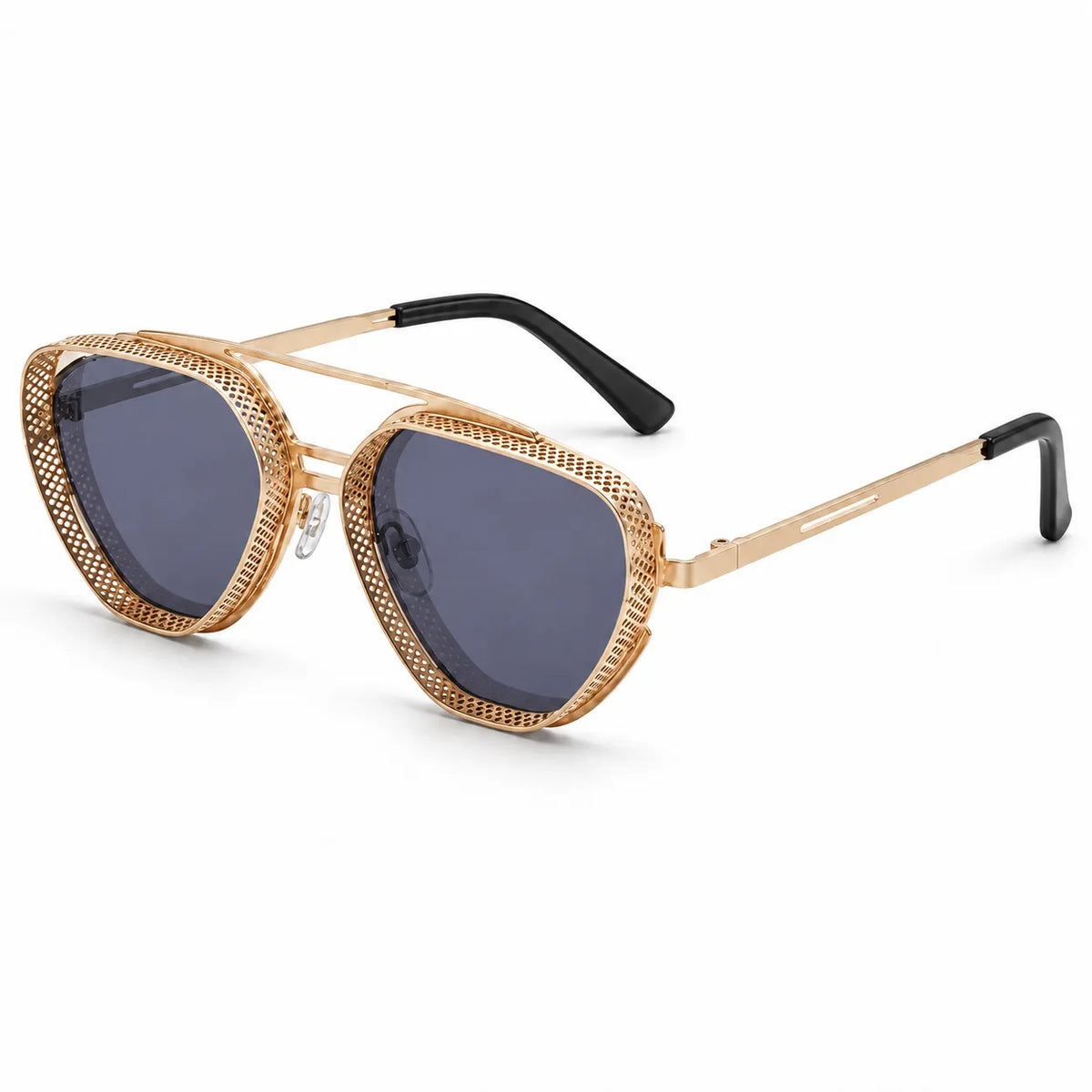 A pair of angular cat-eye sunglasses with textured gold frames, dark gray lenses, and black temple tips, shown on a clean white background.