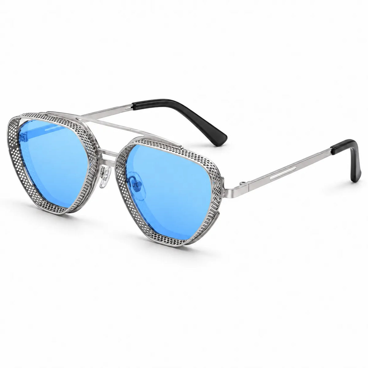 Oversized cat-eye sunglasses with textured silver metal frames, bright blue mirrored lenses, and black temple tips, shown on a clean white background.