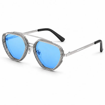 Oversized cat-eye sunglasses with textured silver metal frames, bright blue mirrored lenses, and black temple tips, shown on a clean white background.