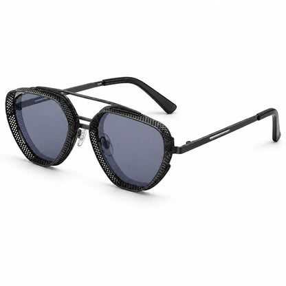 Black geometric sunglasses with a textured, perforated frame and dark gray lenses, shown on a clean white background.