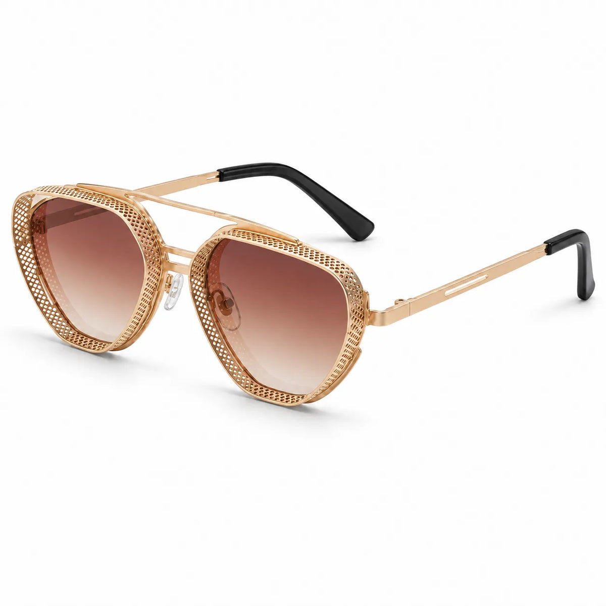 A pair of oversized cat-eye sunglasses with a textured gold-tone frame, brown gradient lenses, and black temple tips, shown on a clean white background.