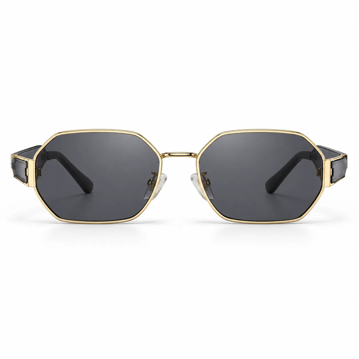 Oversized geometric sunglasses with a gold metal frame and dark gray lenses, shown from the front on a white background.