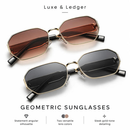 Two geometric sunglasses with angular oval frames are shown on a white background. The top pair has brown gradient lenses and gold-tone arms, while the bottom pair has dark gray lenses and black arms.