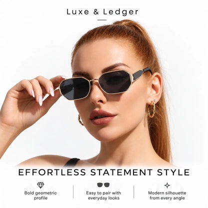 A woman wearing geometric sunglasses with a gold-tone frame and dark lenses, shown against a clean white background with text reading 'Luxe & Ledger' and 'EFFORTLESS STATEMENT STYLE.'.