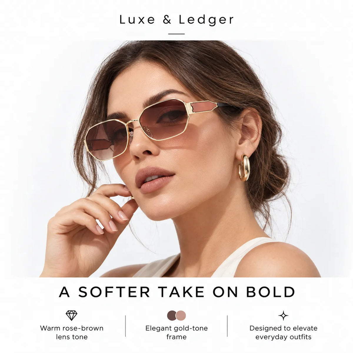 A woman wearing Luxe & Ledger square aviator-style sunglasses with a gold-tone frame, warm brown tinted lenses, and a pink accent on the upper frame. The image includes marketing text highlighting the sunglasses' features against a clean white background.