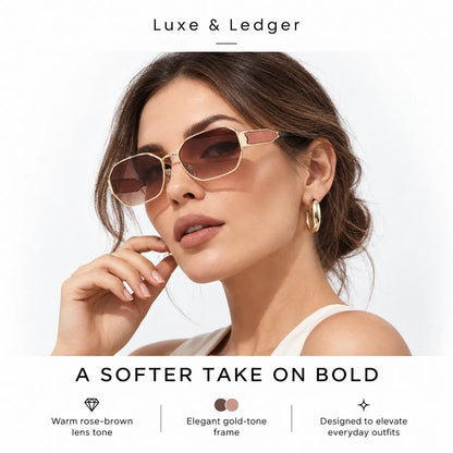 A woman wearing Luxe & Ledger square aviator-style sunglasses with a gold-tone frame, warm brown tinted lenses, and a pink accent on the upper frame. The image includes marketing text highlighting the sunglasses' features against a clean white background.